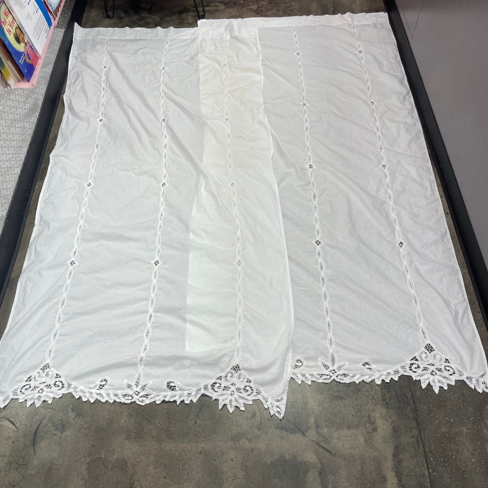 Battenburg Lace Curtain Panels 40x82 White Vintage Lace Eyelet Scalloped Hem